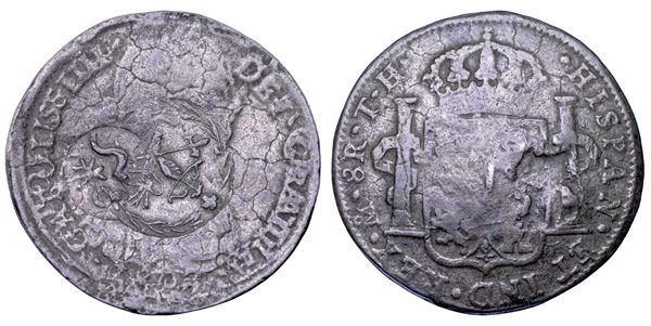 MESSICO. GUERRA DI INDIPENDENZA. 8 Reales 1807 di CARLO IV DI BORBONE. Emissioni di necessità degli Insorti (Guerra d'Indipendenza, 1810-1821). Fusione da campo (Moneda fundida) con doppia contromarca dell'esercito rivoluzionario.