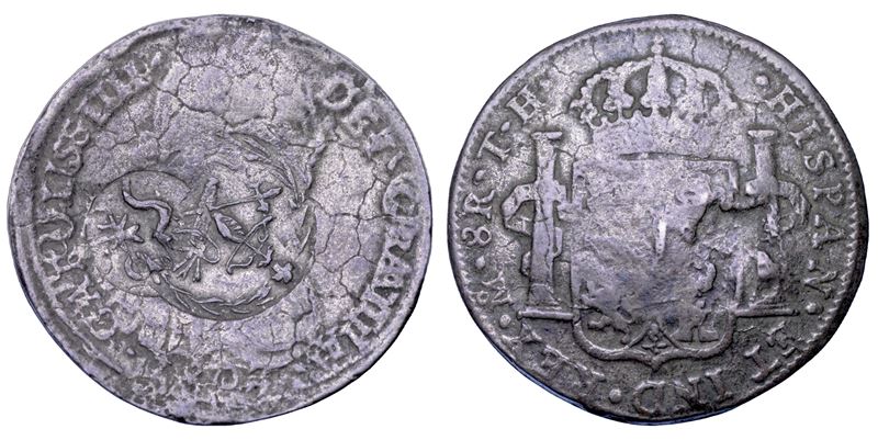 Messico, Guerra d’Indipendenza — 8 Reales 1807 di Carlo IV di Borbone, moneta fusa con doppia con...