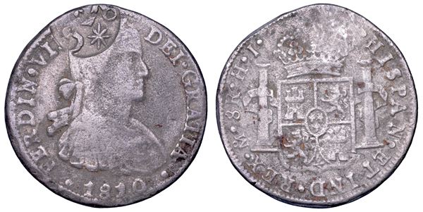 MESSICO. GUERRA DI INDIPENDENZA. Insorti Messicani: Esercito del Sud (José María Morelos). FERDINANDO VII 8 reales 1810 contromarcato con stella e monogramma. Città del Messico (fusione).