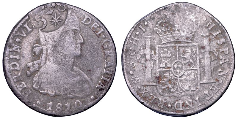 MESSICO. GUERRA DI INDIPENDENZA. Insorti Messicani: Esercito del Sud (José María Morelos). FERDINANDO VII 8 reales 1810 contromarcato con stella e monogramma. Città del Messico (fusione).  - Asta Numismatica - Cambi Casa d'Aste