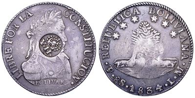 Isabel II, 8 Soles 1834 Bolivia (Potosí) con contromarca YII per la circolazione nelle Filippine