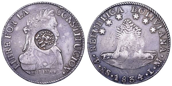 ISABEL II, 1833-1868. BOLIVIA. 8 Soles 1834. Potosí. Contromarca YII  per la circolazione nelle Filippine sotto il dominio spagnolo (Decreto del 20 Dicembre 1834).