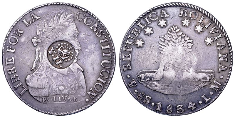 Tauler & Fau (certificato), Isabel II (1833-1868), 8 Soles 1834, Potosí (Bolivia) con contromarca...