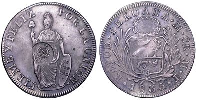 Isabel II, 8 reales 1835 (contromarcato “Y.II.”), Lima (Perù)