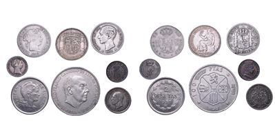 SPAGNA, Lotto di otto monete in argento (Isabel II, Alfonso XII, Alfonso XIII e periodo franchist...