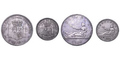 Spagna, Lotto di due monete da 5 e 2 Pesetas (argento), 1870
