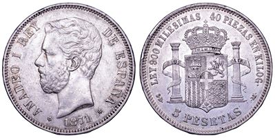 Amedeo I, 5 pesetas 1871 (Spagna) — governo provvisorio, argento