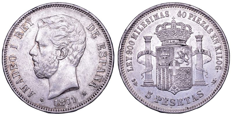 AMEDEO I, 1871-1873. SPAGNA. GOVERNO PROVVISORIO. 5 pesetas 1871.  - Asta Numismatica - Cambi Casa d'Aste