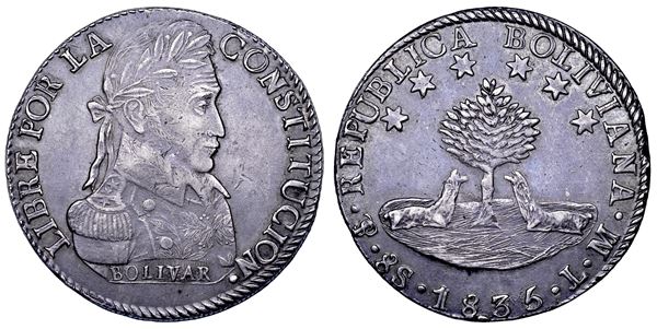 BOLIVIA, REPUBBLICA. Dal 1825. 8 Soles 1835. Potosí.