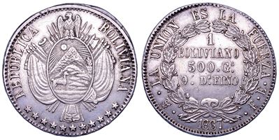 Bolivia, Repubblica, Boliviano 1867 (Potosí) — argento, stemma e legenda
