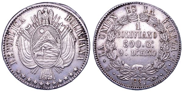 BOLIVIA. REPUBBLICA. Boliviano 1867. Potosí.