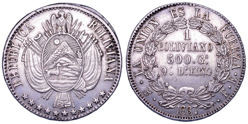 BOLIVIA. REPUBBLICA. Boliviano 1867. Potosí.  - Asta Numismatica - Cambi Casa d'Aste