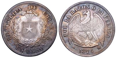 Repubblica del Cile (dal 1818), Stemma/ritratto con condor, rovescio con condor e scudetto, argen...
