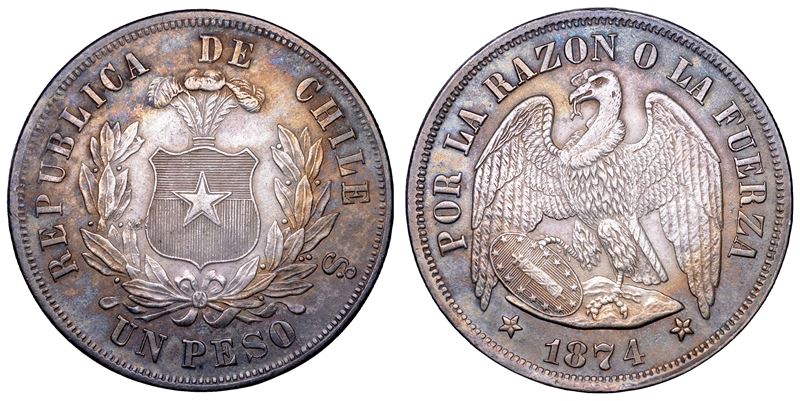 CILE. REPUBBLICA, dal 1818. Peso 1874. Santiago.  - Auction Numismatics - Cambi Casa d'Aste