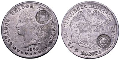 Colombia (1862–1886), 50 centavos 1884 con doppia contromarca Costa Rica