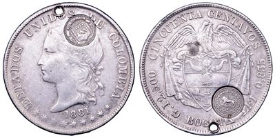 Colombia, 50 centavos 1881 (contromarcato, forato)