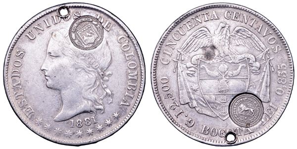 COLOMBIA. ESTADOS UNIDOS DE COLOMBIA, 1862-1886. 50 centavos 1881.