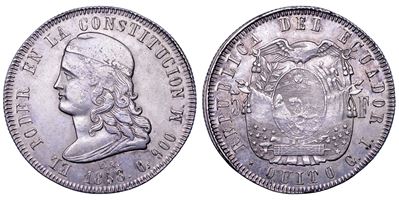 Saggiatore Guillermo Jameson (G.J.), 5 Francos 1858 della Repubblica dell’Ecuador, Quito