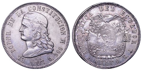 ECUADOR. REPUBBLICA. Dal 1830. 5 francos 1858. Quito.