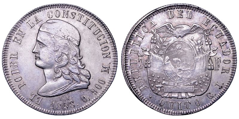 ECUADOR. REPUBBLICA. Dal 1830. 5 francos 1858. Quito.  - Asta Numismatica - Cambi Casa d'Aste