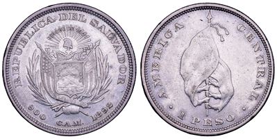 El Salvador, 1892, Peso “Flag Type” (bandiera con cinque mani), argento