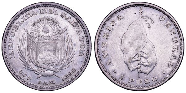 EL SALVADOR. REPUBBLICA, dal 1839. Peso 1892. "FLAG TYPE".