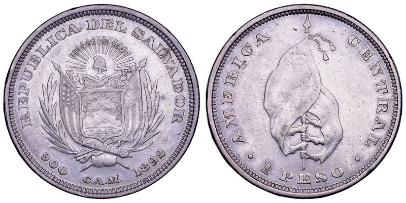 EL SALVADOR. REPUBBLICA, dal 1839. Peso 1892. "FLAG TYPE".  - Auction Numismatics - Cambi Casa d'Aste