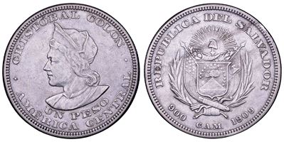 El Salvador, Busto di Cristoforo Colombo e stemma della Repubblica (dal 1839) — argento, diametro...