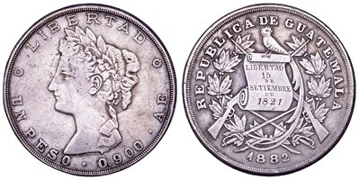 Guatemala, Rep. (dal 1839) — Testa della Libertà e stemma/bandiera del Guatemala (KM# 208), argen...