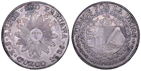 PERU'. CONFEDERAZIONE PERÙ-BOLIVIA. STATO DEL PERÙ MERIDIONALE, 1836-1839. 8 reales 1838. Cuzco.
