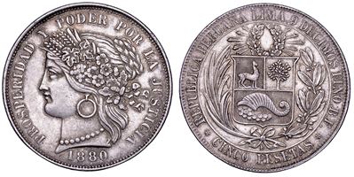 Nicolás de Piérola (dittatore della Repubblica), 5 pesetas 1880, Lima, argento, Guerra del Pacifi...