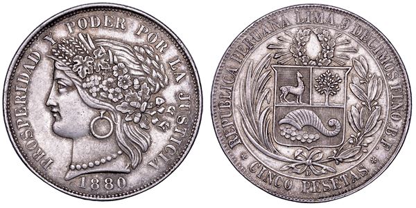 PERU'. NICOLÁS DE PIÉROLA (Dittatore della Repubblica). 5 pesetas 1880. Lima. Guerra del Pacifico (Guerra del Guano).