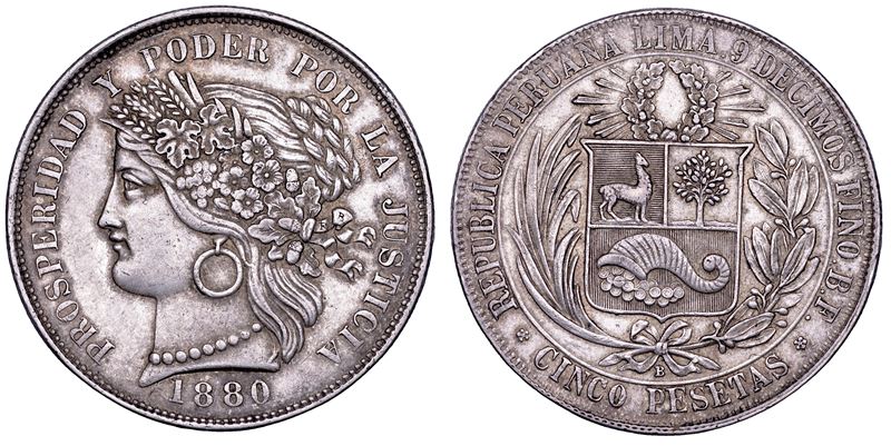 PERU'. NICOLÁS DE PIÉROLA (Dittatore della Repubblica). 5 pesetas 1880. Lima. Guerra del Pacifico (Guerra del Guano).  - Asta Numismatica - Cambi Casa d'Aste