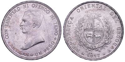 Uruguay, Repubblica (dal 1830) — Busto di José Artigas in uniforme con stemma e sole nascente