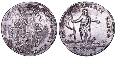 Emanuele Pinto, 30 Tarì (Stemma coronato, San Giovanni Battista e agnello) – Malta, 1741-1773