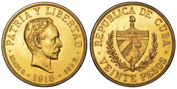CUBA. PRIMA REPUBBLICA, 1902-1962. 20 Pesos 1915.
