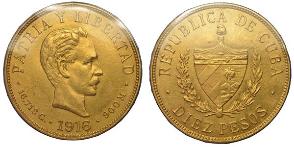 CUBA. PRIMA REPUBBLICA, 1902-1962. <BR> 10 Pesos 1916.