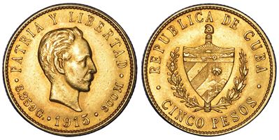 Cuba, Prima Repubblica (1902–1962), 5 Pesos 1915, oro