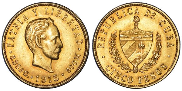 CUBA. PRIMA REPUBBLICA, 1902-1962. 5 Pesos 1915.