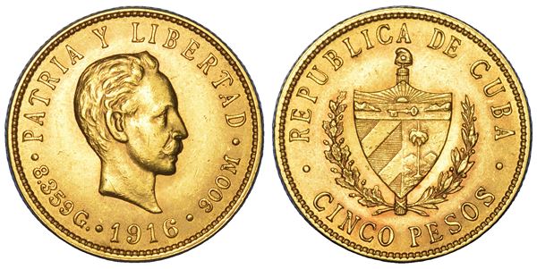 CUBA. PRIMA REPUBBLICA, 1902-1962. 5 Pesos 1916.