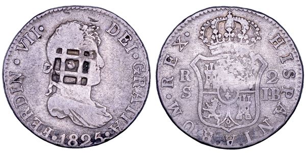 FERNANDO VII, 1808-1833. SPAGNA. Resello de Vique (1841) su 2 reales di Sevilla 1825 (KM 260.3)