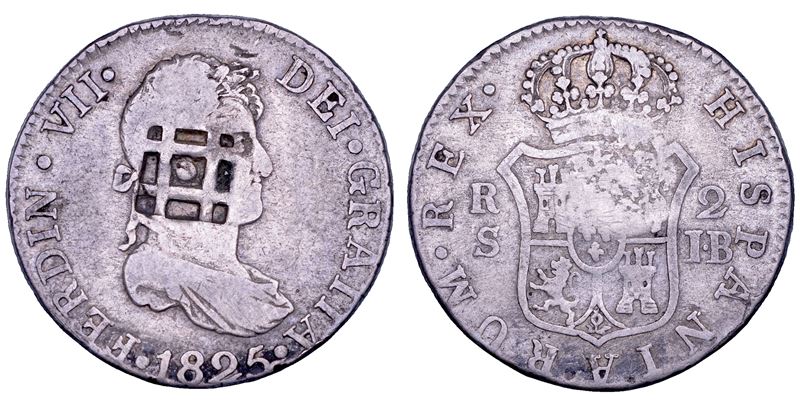 Spagna, Resello de Vique su 2 reales di Sevilla 1825 (FERNANDO VII, 1808–1833) – Argento