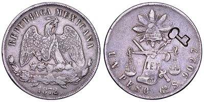 Cuba, Guerre per l’indipendenza (1867-1902), Contromarca a chiave su 1 peso “Balanza” del Messico...
