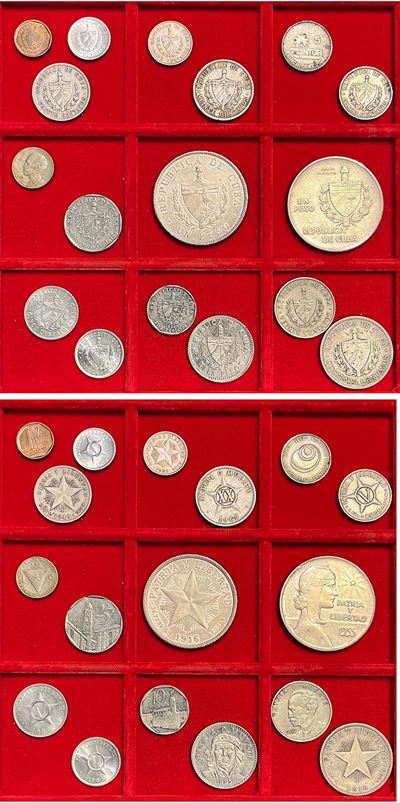 Monetazione cubana, lotto di diciassette monete (argento e altri metalli), XX secolo
