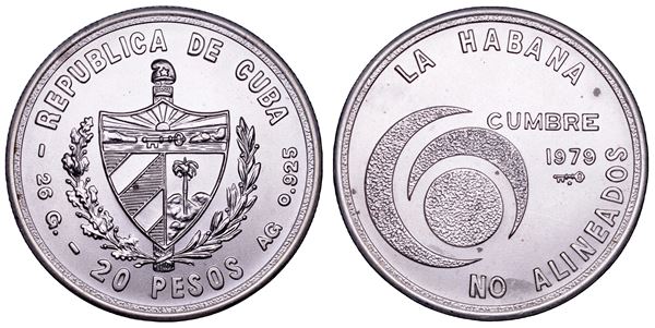 CUBA. TERZA REPUBBLICA, dal 1959. 20 Pesos 1979. Vertice del movimento dei Paesi non Allineati a L'Avana.