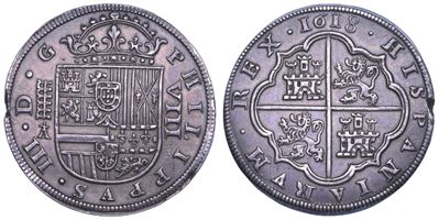 Felipe III (1598-1621), 8 reales 1618, Segovia (Segovia, varietà con acquedotto)