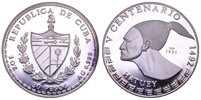 Cuba (Repubblica), 30 pesos 1991 “Hatuey”, moneta da collezione