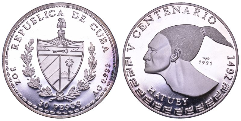 CUBA. TERZA REPUBBLICA, dal 1959. 30 pesos 1991. Hatuey.  - Auction Numismatics - Cambi Casa d'Aste