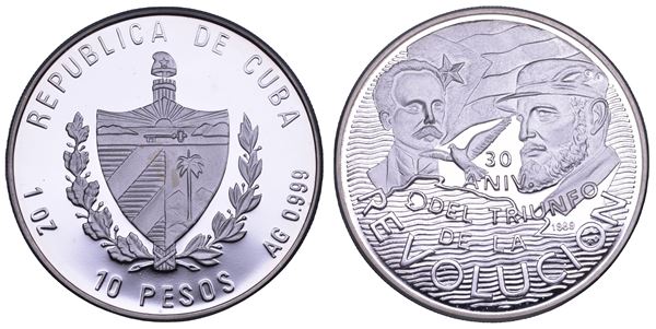 CUBA. TERZA REPUBBLICA, dal 1959. 10 Pesos 1989. 30 Anniversario della Rivoluzione.