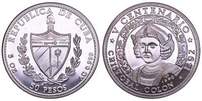 CUBA, Terza Repubblica (dal 1959), 50 Pesos 1990 con Cristoforo Colombo, argento titolo 999
